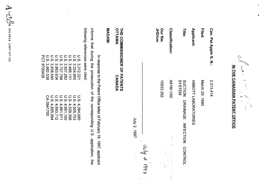 Document de brevet canadien 2013414. Correspondance de la poursuite 19970702. Image 1 de 2