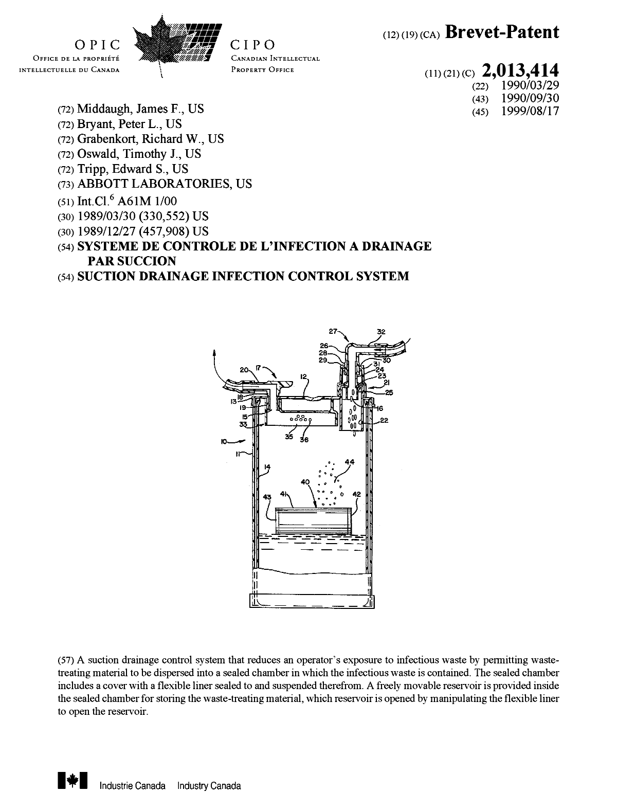Document de brevet canadien 2013414. Page couverture 19990810. Image 1 de 1