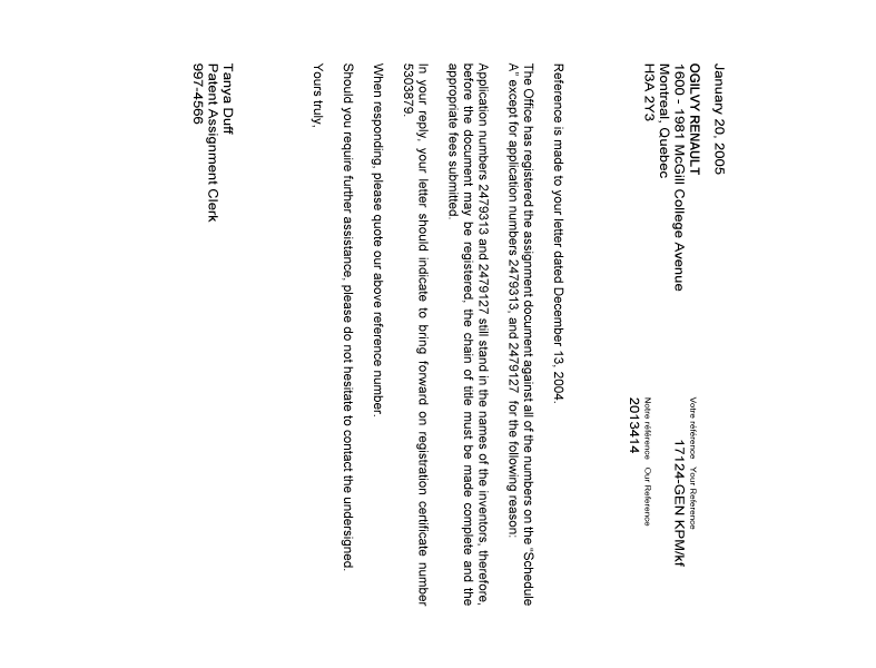 Document de brevet canadien 2013414. Correspondance 20050120. Image 1 de 1