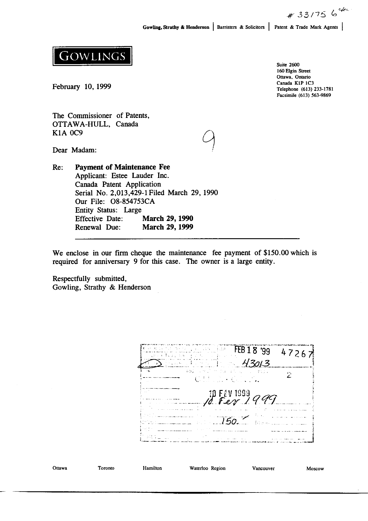Document de brevet canadien 2013429. Taxes 19990210. Image 1 de 1
