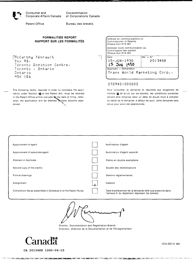 Document de brevet canadien 2013488. Lettre du bureau 19900615. Image 1 de 1