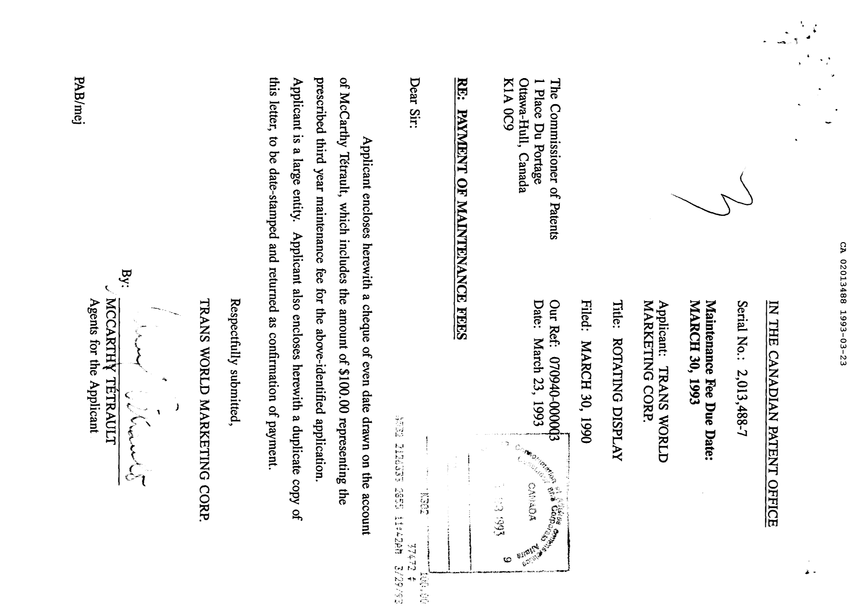 Canadian Patent Document 2013488. Fees 19930323. Image 1 of 1