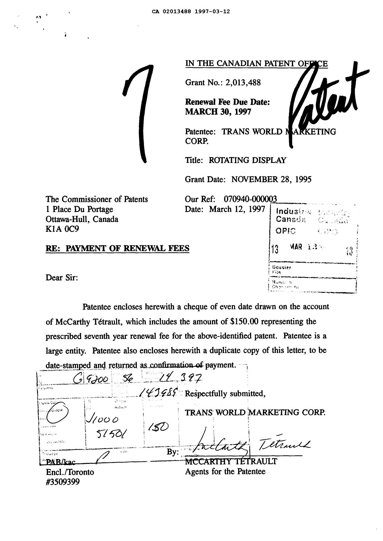 Document de brevet canadien 2013488. Taxes 19970312. Image 1 de 1