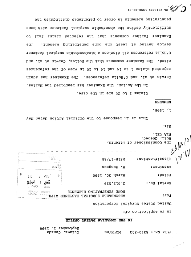 Canadian Patent Document 2013539. Prosecution Correspondence 19980901. Image 1 of 4