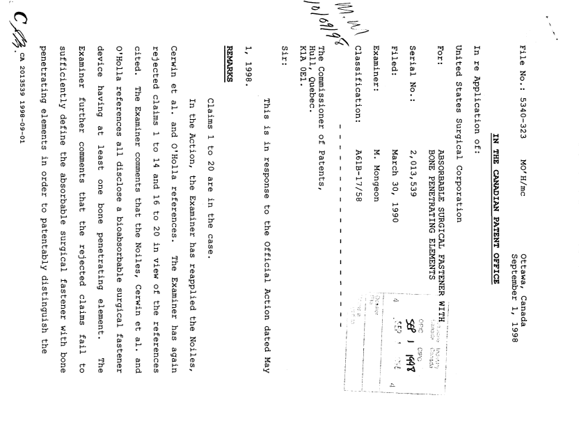 Document de brevet canadien 2013539. Correspondance de la poursuite 19980901. Image 1 de 4