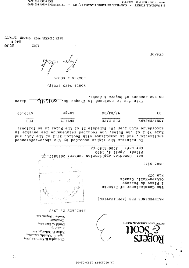 Canadian Patent Document 2013877. Fees 19930203. Image 1 of 1