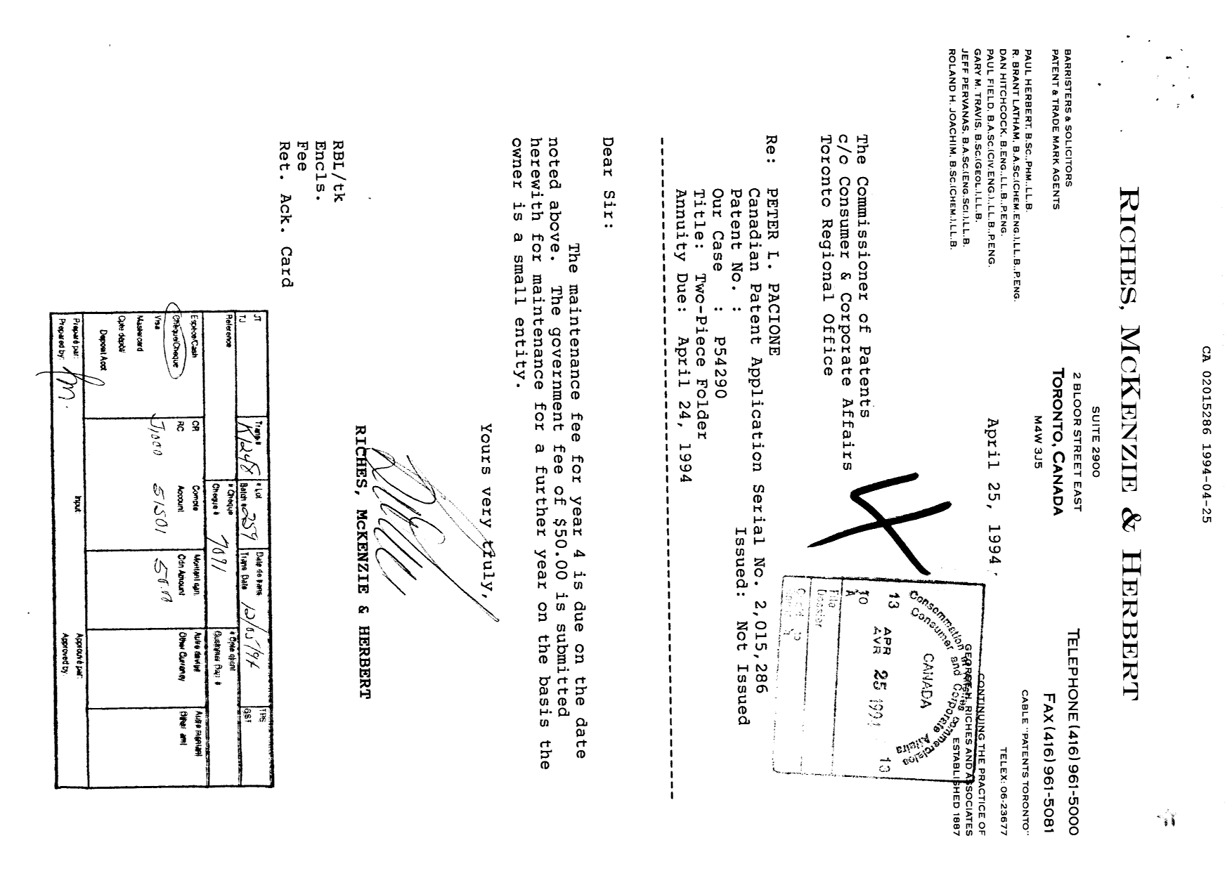 Document de brevet canadien 2015286. Taxes 19931225. Image 1 de 1