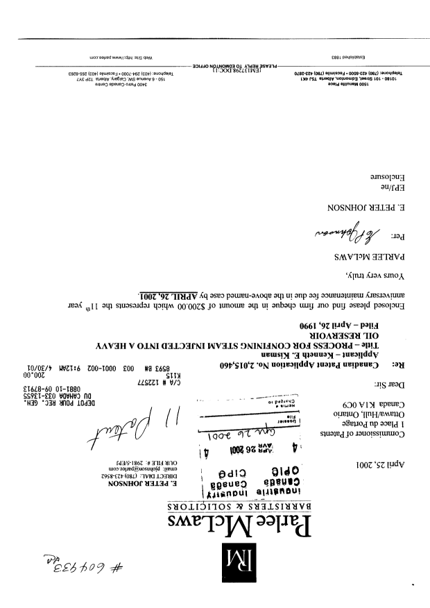 Canadian Patent Document 2015460. Fees 20010426. Image 1 of 1