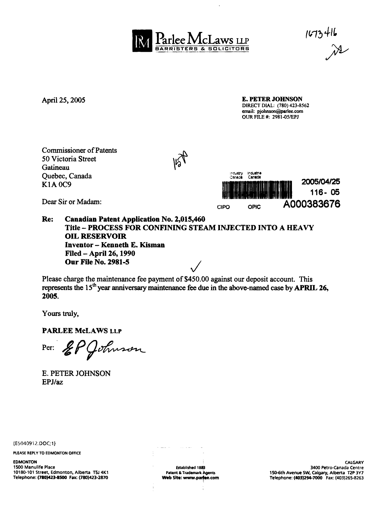 Document de brevet canadien 2015460. Taxes 20050425. Image 1 de 1