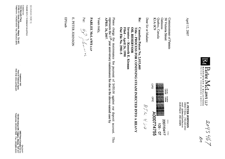 Document de brevet canadien 2015460. Taxes 20070417. Image 1 de 1