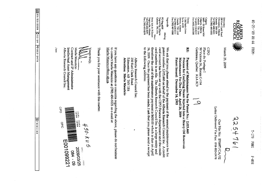 Document de brevet canadien 2015460. Taxes 20090325. Image 1 de 1