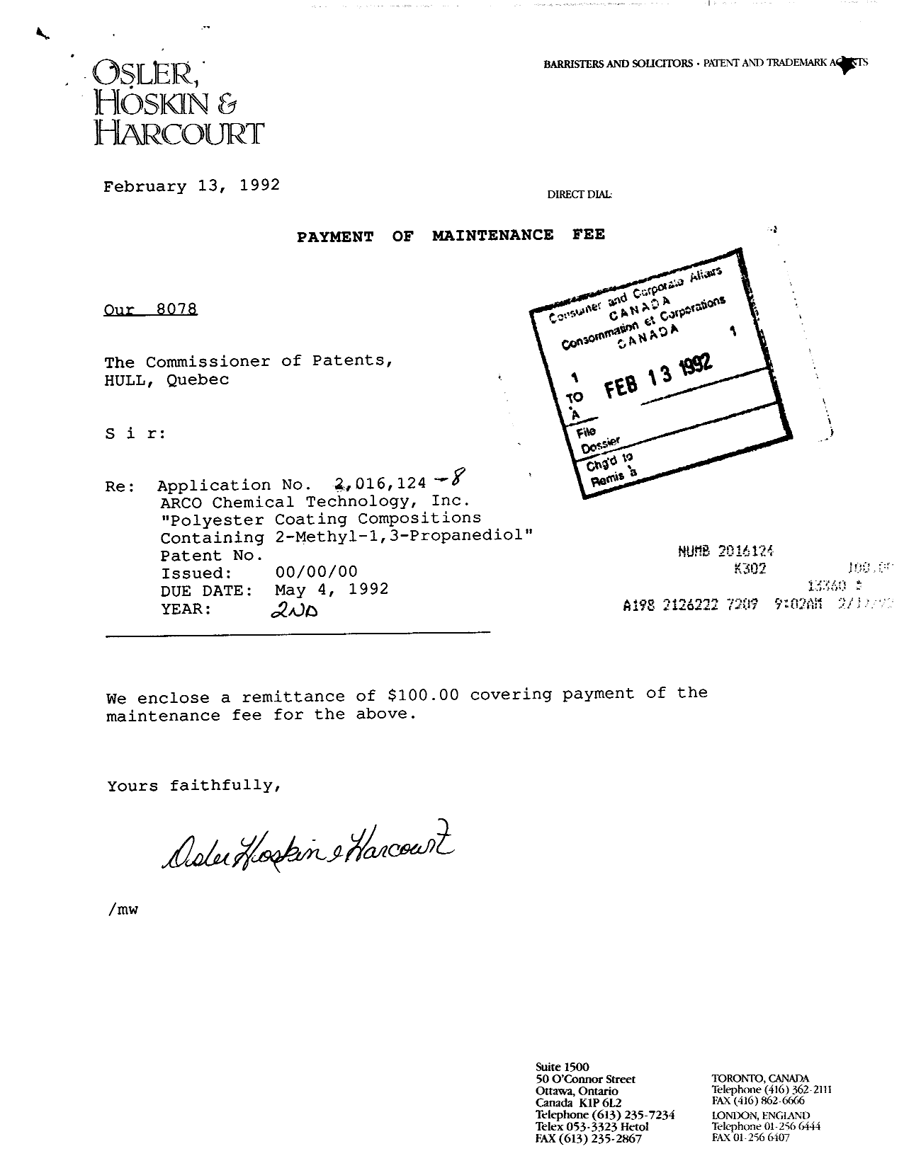 Document de brevet canadien 2016124. Taxes 19920213. Image 1 de 1