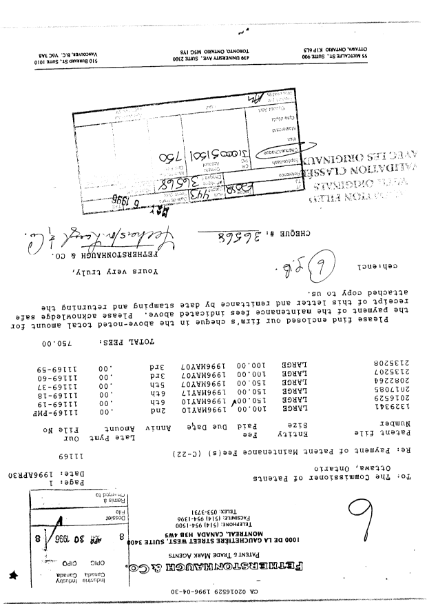 Document de brevet canadien 2016529. Taxes 19951230. Image 1 de 1