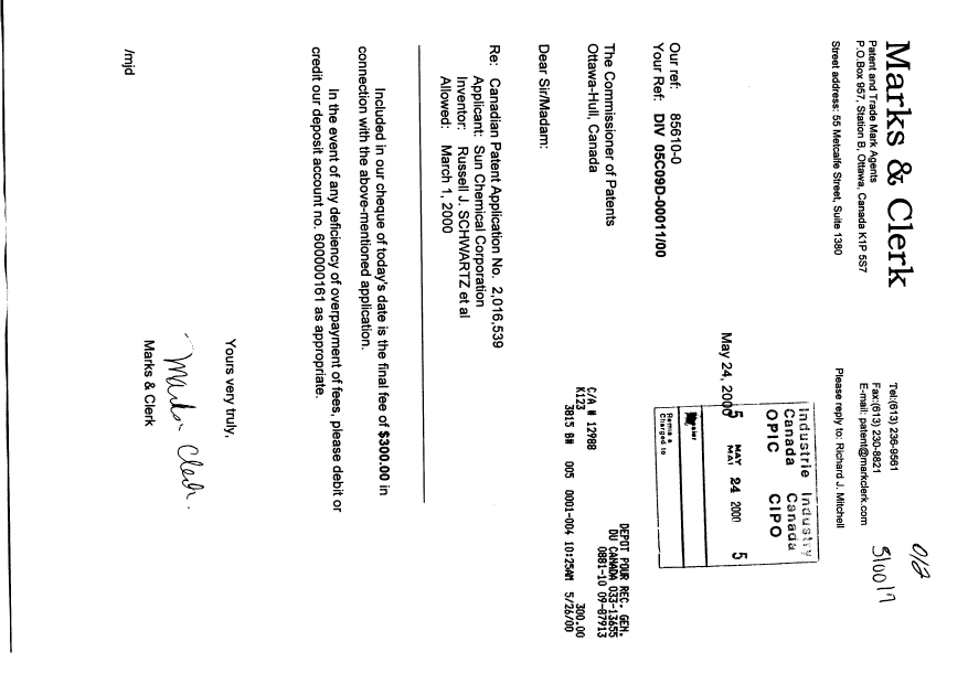 Document de brevet canadien 2016539. Correspondance 20000524. Image 1 de 1
