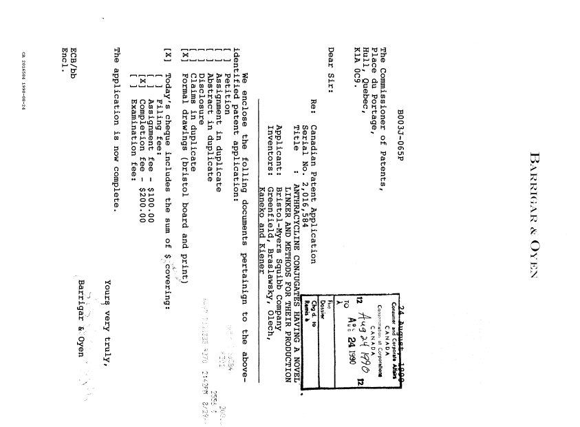 Document de brevet canadien 2016584. Correspondance de la poursuite 19900824. Image 1 de 1