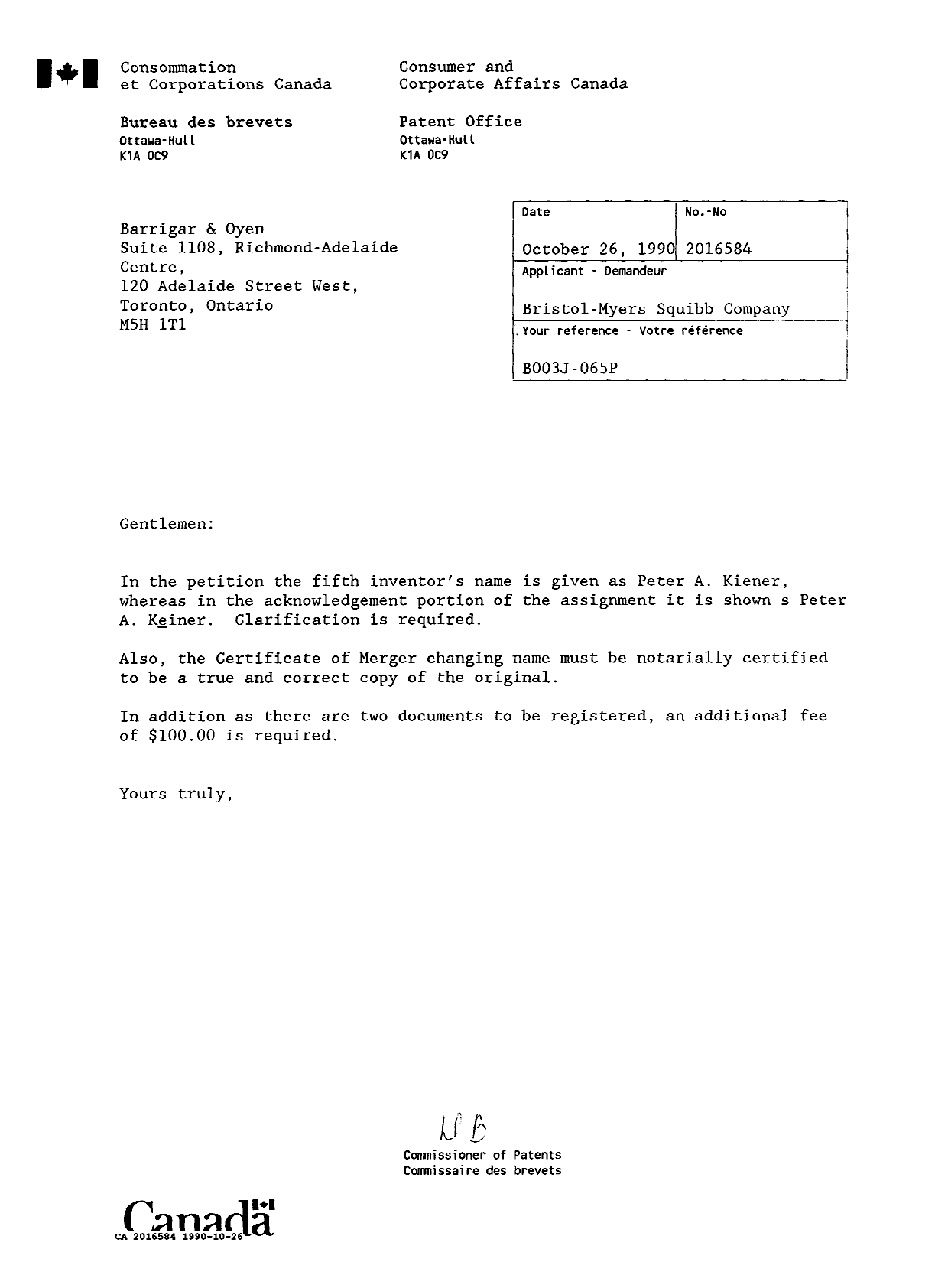 Document de brevet canadien 2016584. Lettre du bureau 19901026. Image 1 de 1