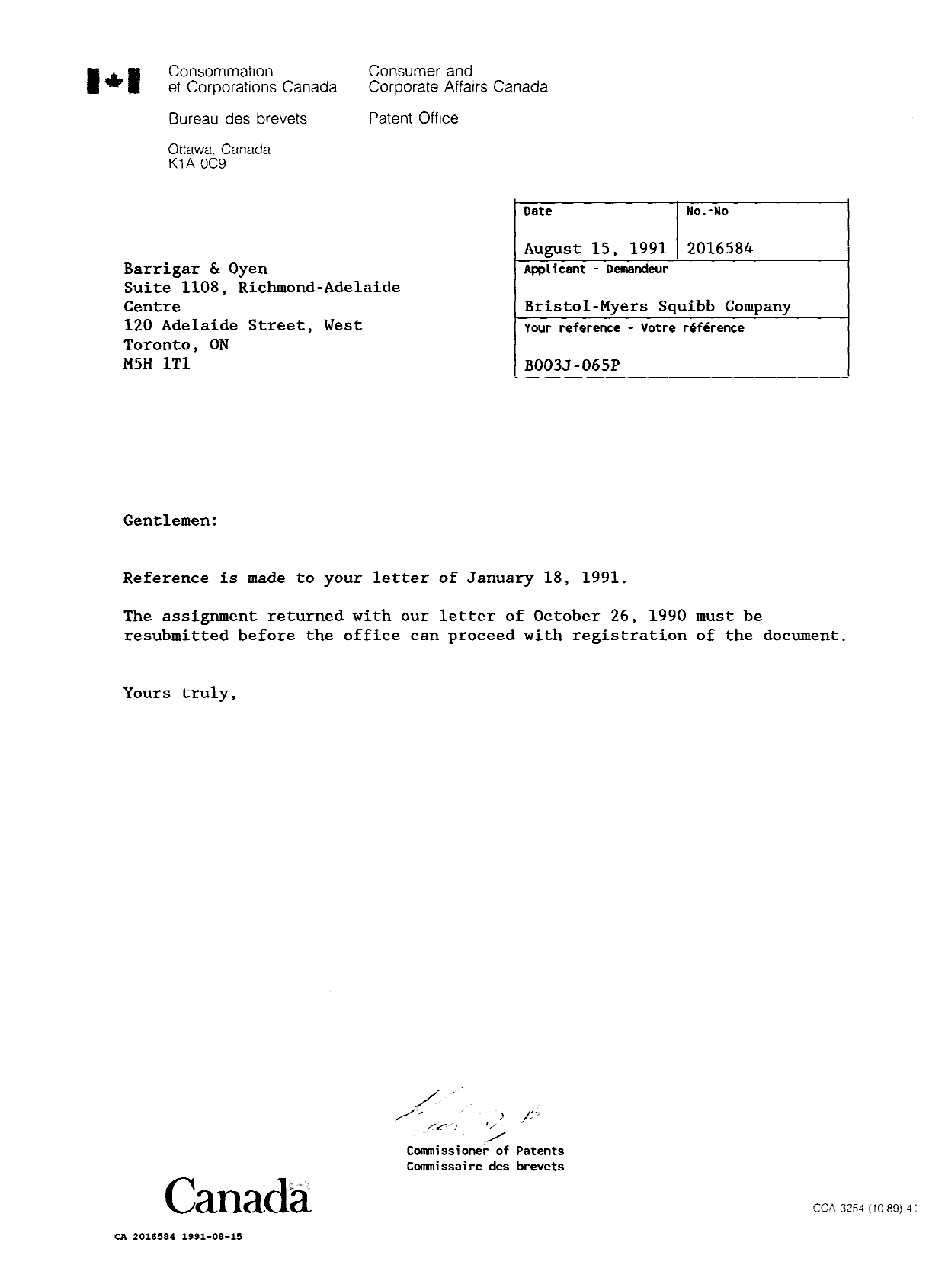 Document de brevet canadien 2016584. Lettre du bureau 19910815. Image 1 de 1