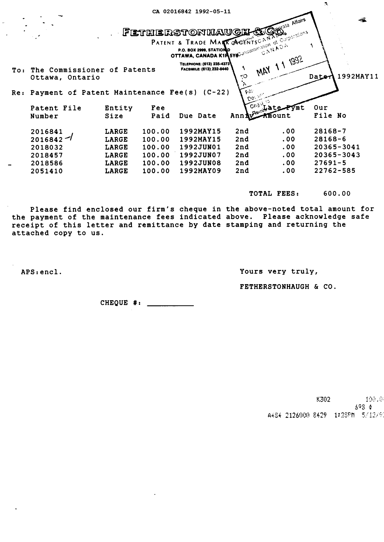 Document de brevet canadien 2016842. Taxes 19920511. Image 1 de 1