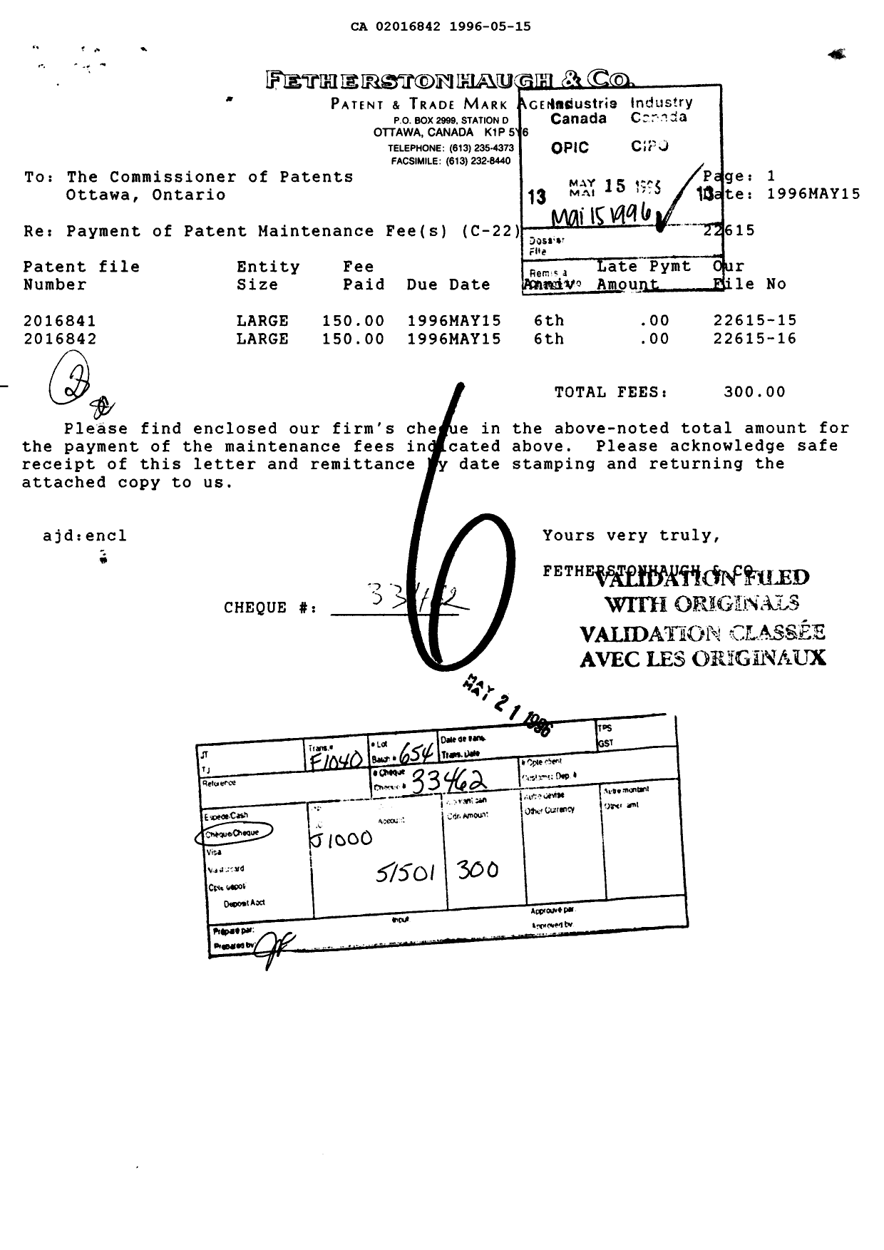 Document de brevet canadien 2016842. Taxes 19960515. Image 1 de 1