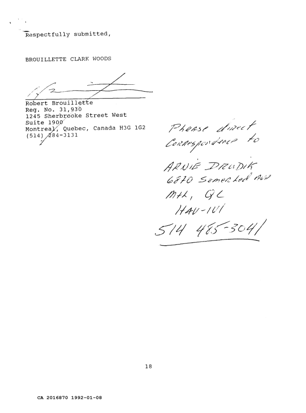 Document de brevet canadien 2016870. Correspondance de la poursuite 19920108. Image 18 de 18