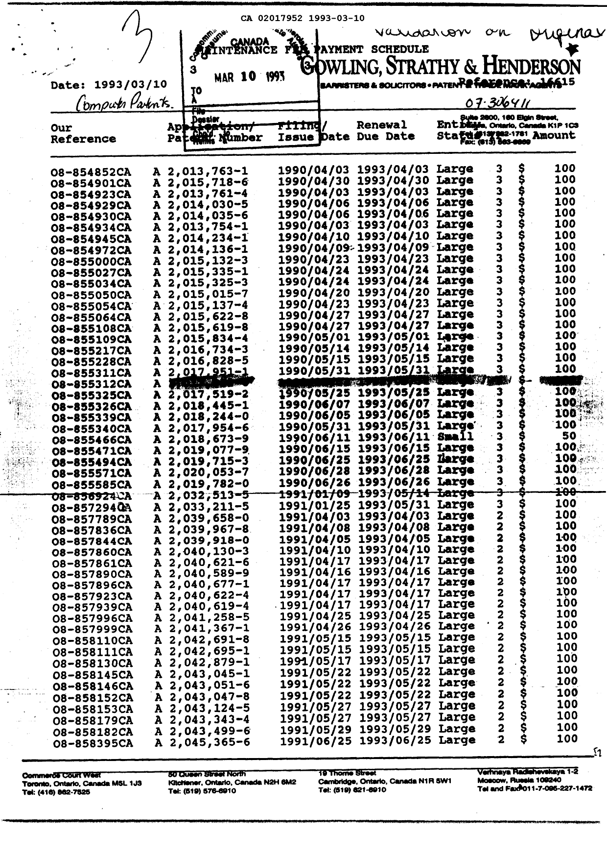 Document de brevet canadien 2017952. Taxes 19930310. Image 1 de 1