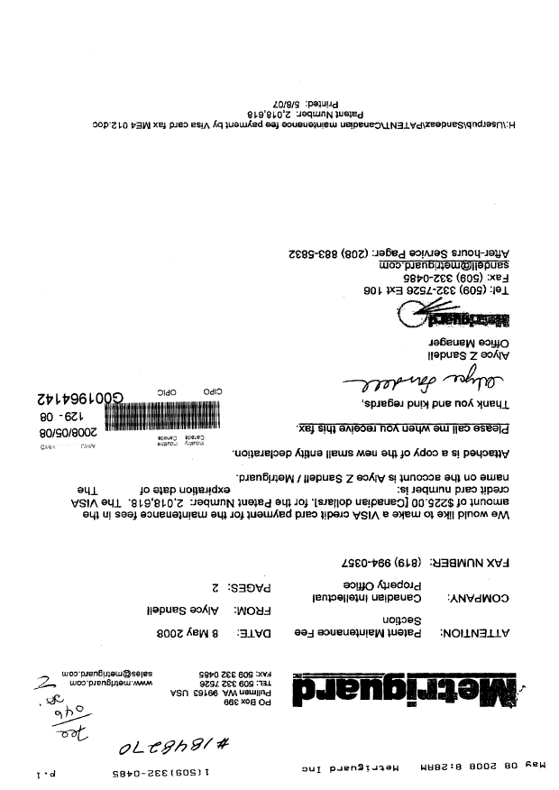 Canadian Patent Document 2018618. Fees 20080508. Image 1 of 2