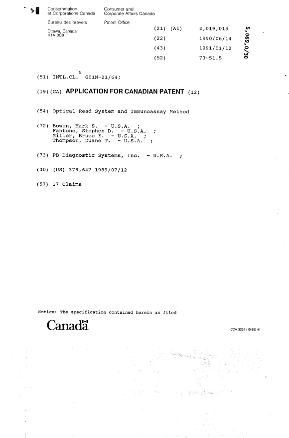 Canadian Patent Document 2019015. Cover Page 19940312. Image 1 of 1