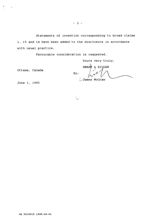 Document de brevet canadien 2019015. Correspondance de la poursuite 19950601. Image 3 de 3