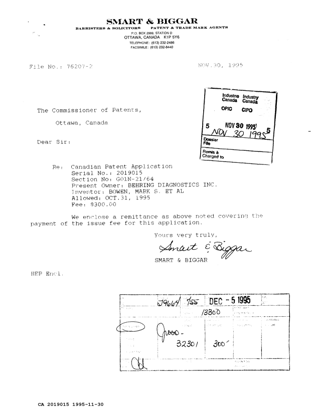 Canadian Patent Document 2019015. PCT Correspondence 19951130. Image 1 of 1