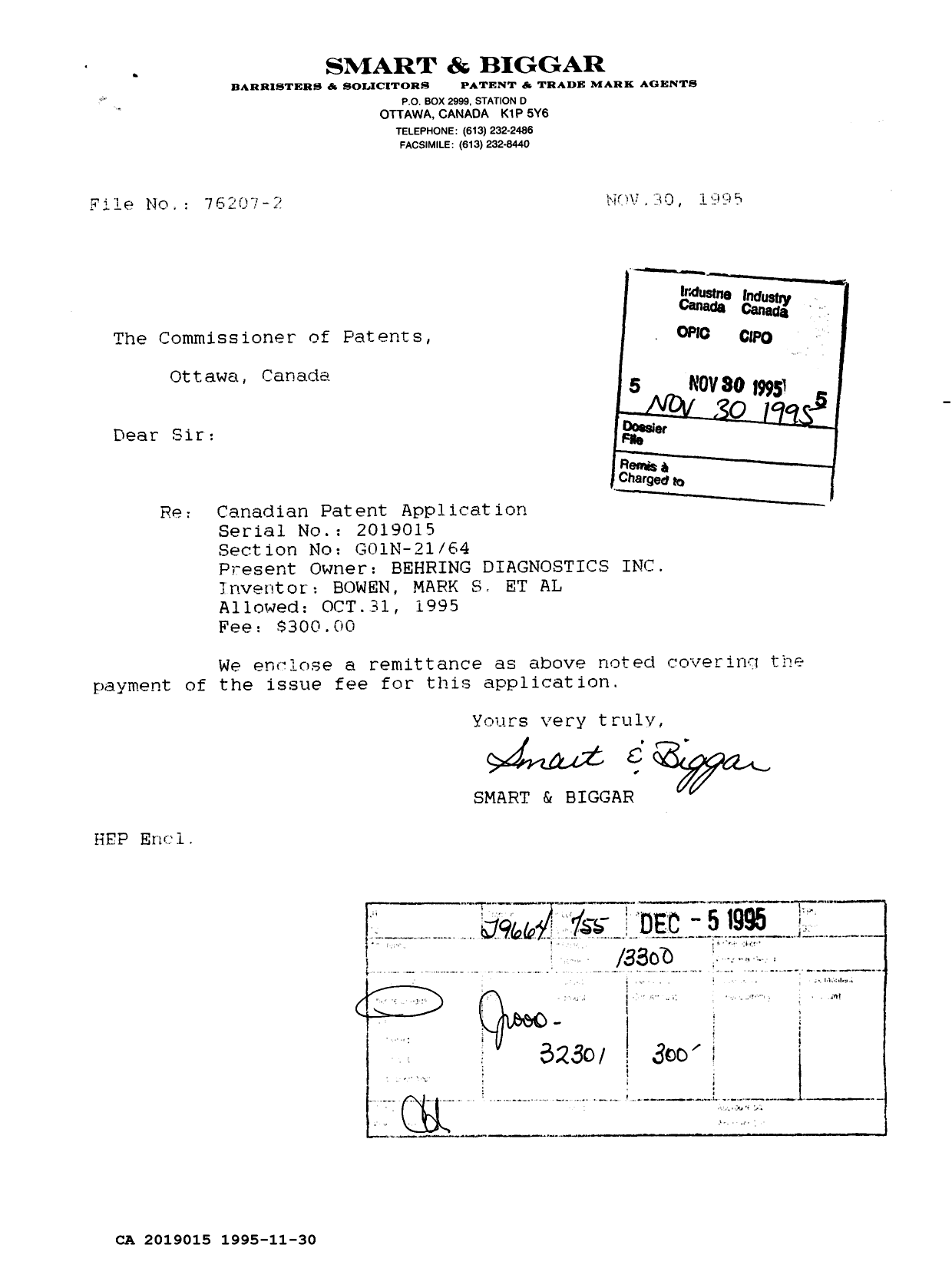 Document de brevet canadien 2019015. Correspondance reliée au PCT 19951130. Image 1 de 1