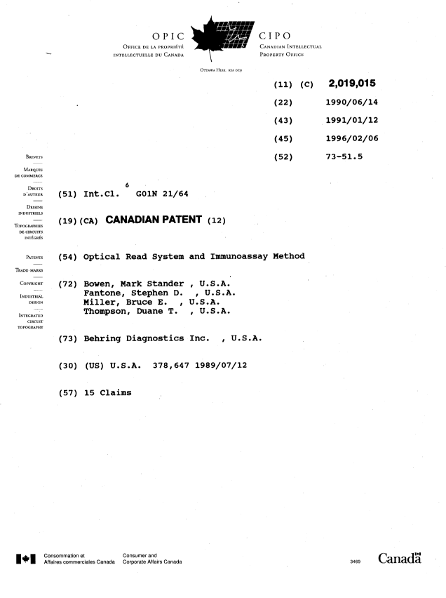 Canadian Patent Document 2019015. Cover Page 19960206. Image 1 of 1