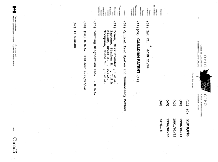 Document de brevet canadien 2019015. Page couverture 19960206. Image 1 de 1