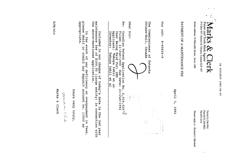 Document de brevet canadien 2019525. Taxes 19920403. Image 1 de 1