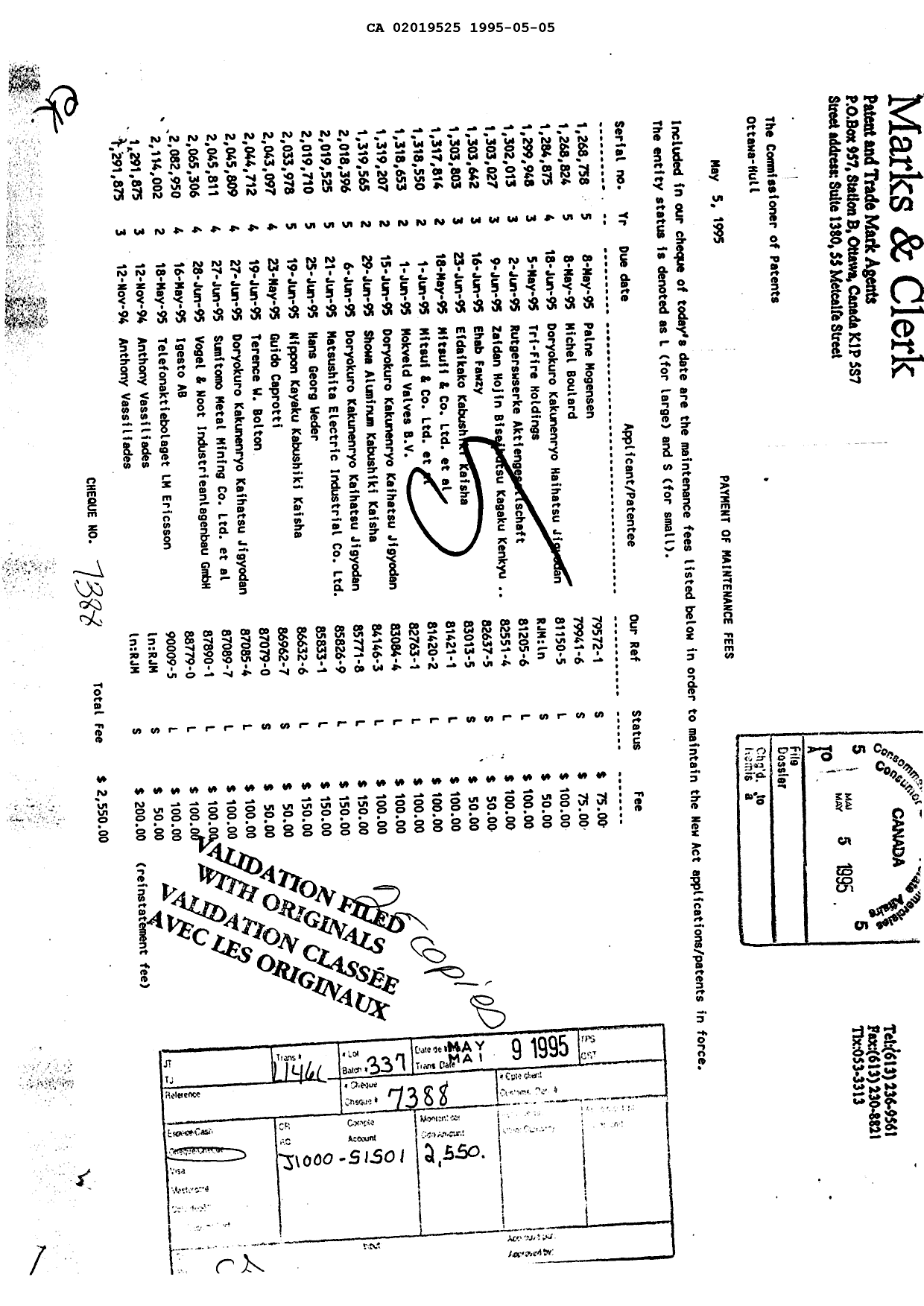 Document de brevet canadien 2019525. Taxes 19950505. Image 1 de 1