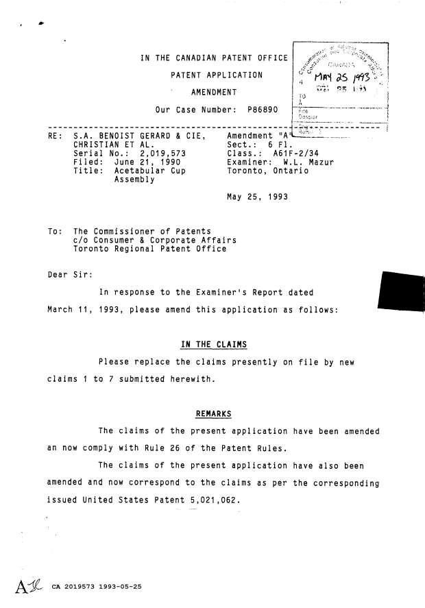 Document de brevet canadien 2019573. Correspondance de la poursuite 19930525. Image 1 de 2