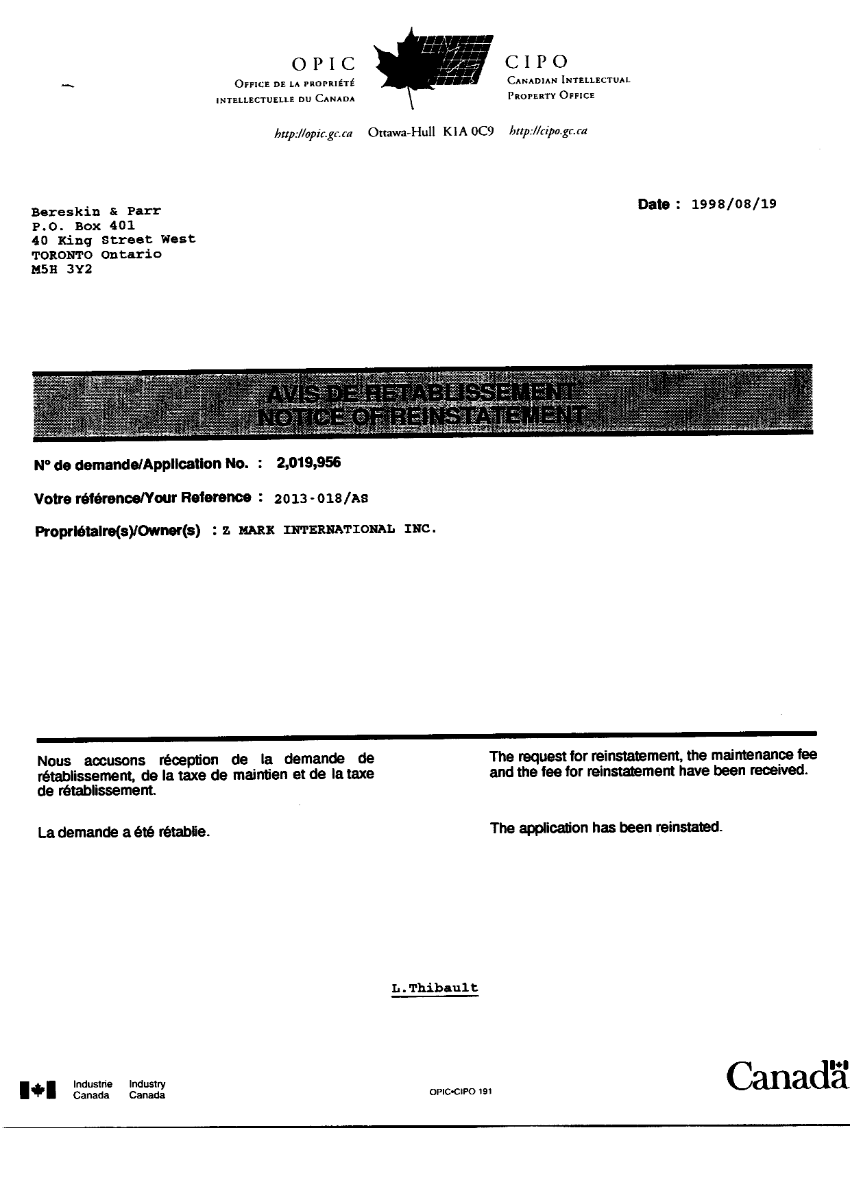 Canadian Patent Document 2019956. Fees 19980727. Image 2 of 3