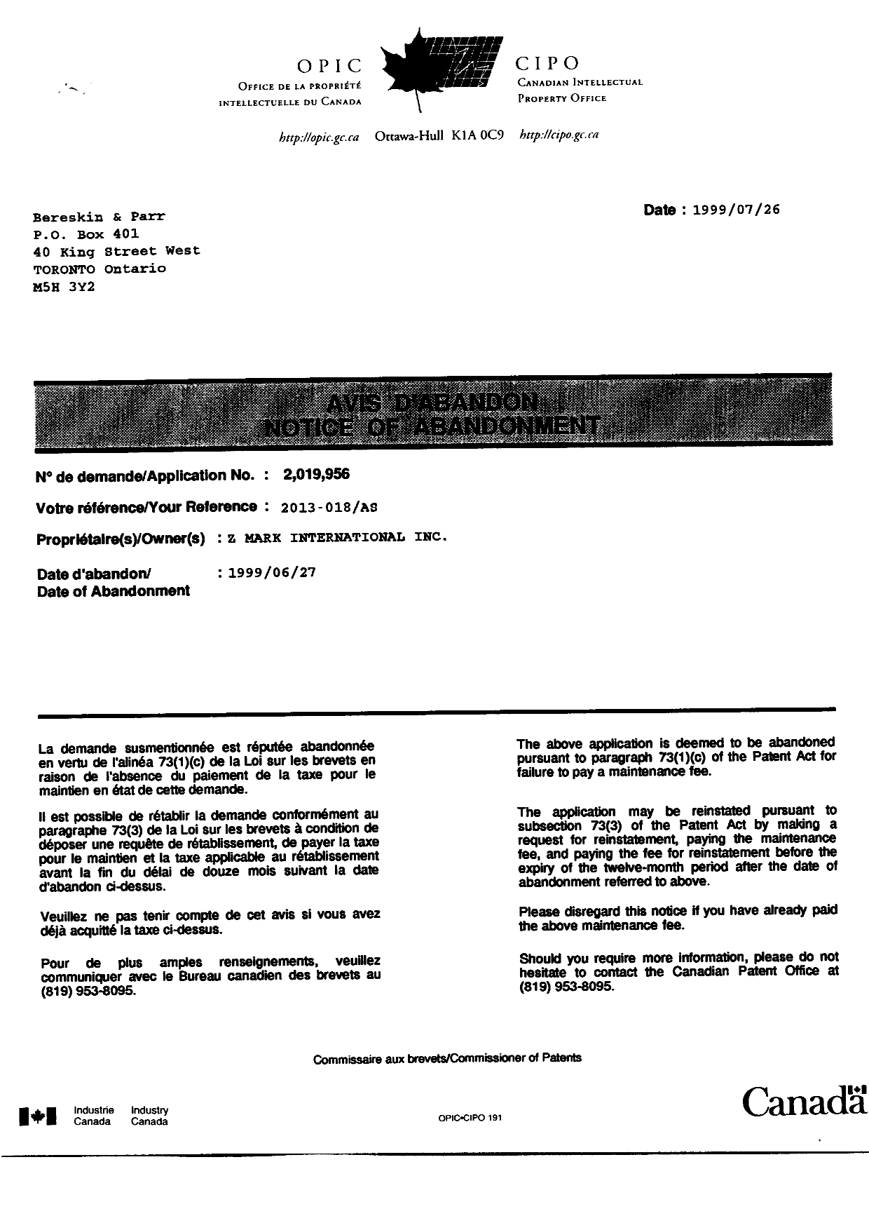Canadian Patent Document 2019956. Fees 19980727. Image 3 of 3