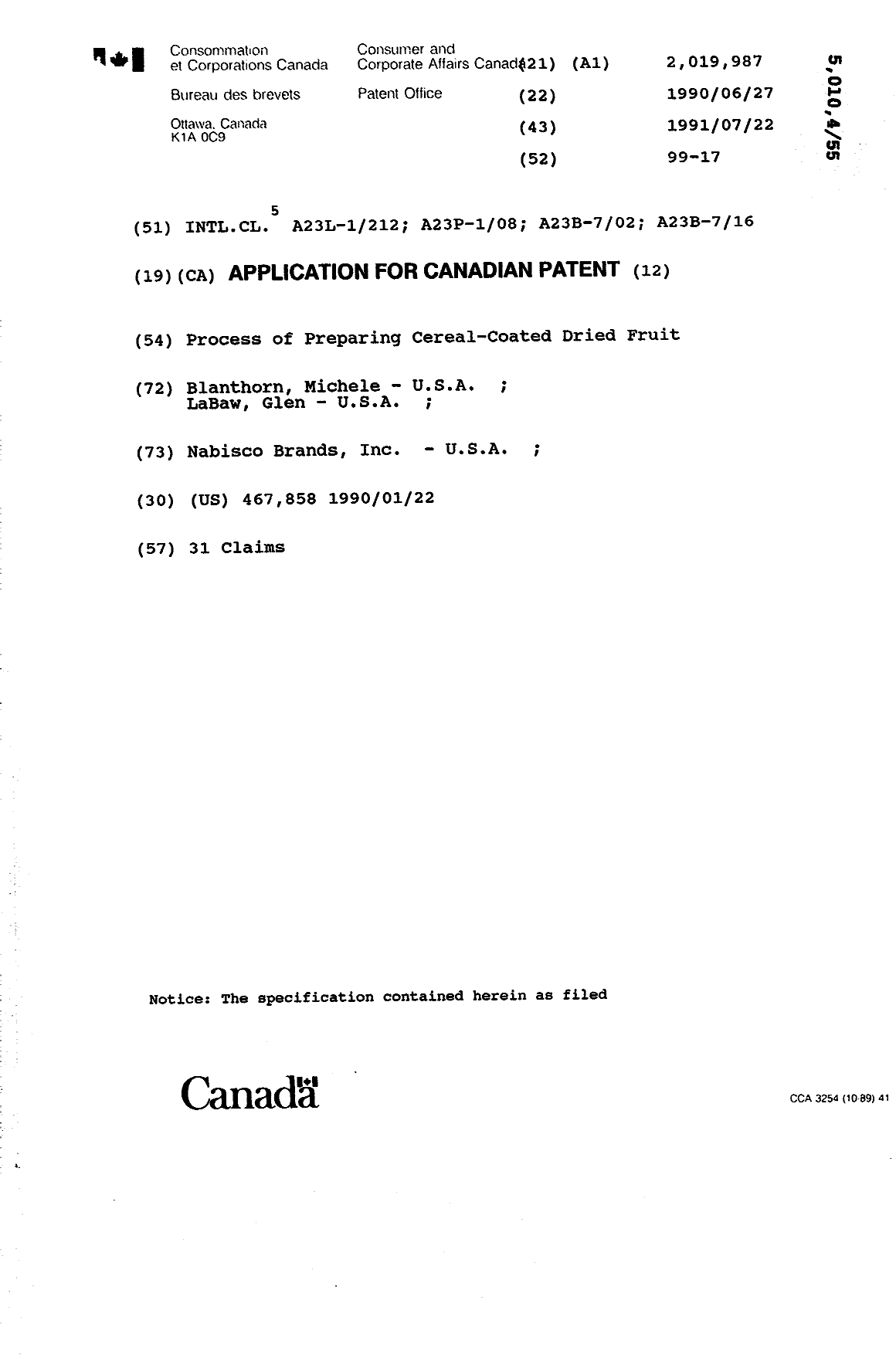 Document de brevet canadien 2019987. Page couverture 19931204. Image 1 de 1