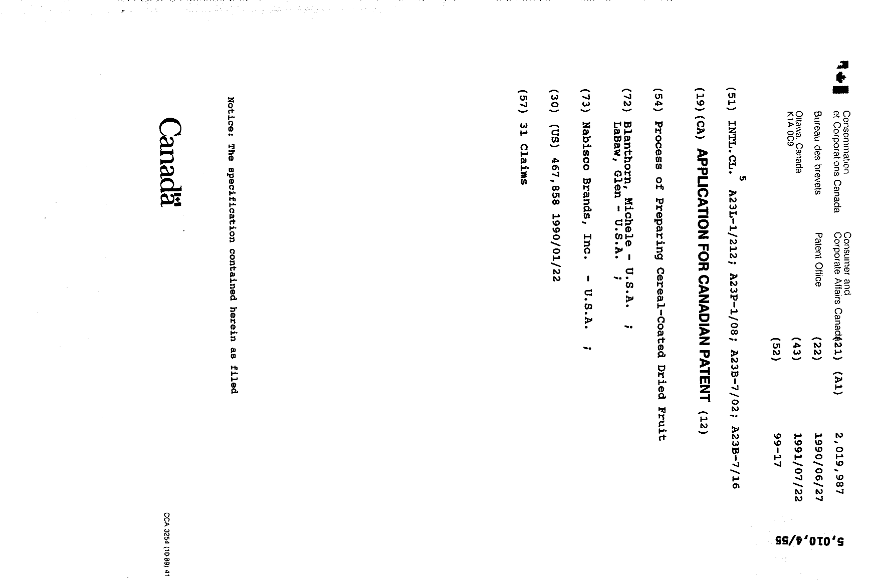 Canadian Patent Document 2019987. Cover Page 19931204. Image 1 of 1