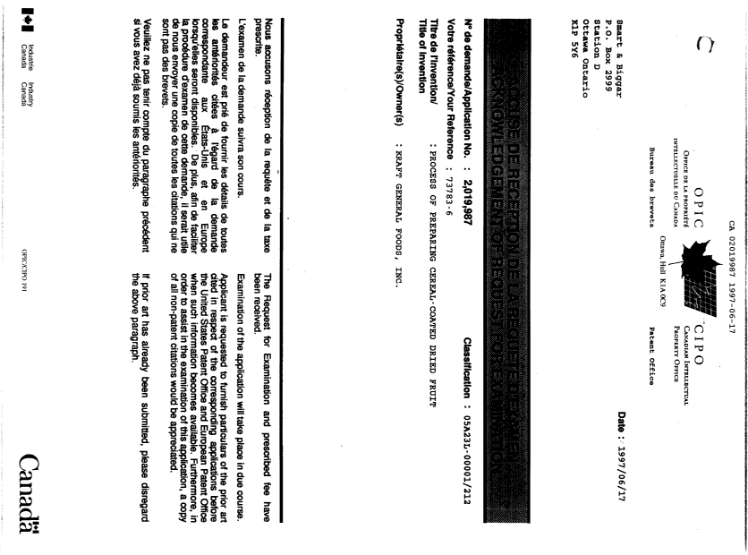 Document de brevet canadien 2019987. Correspondance 19970617. Image 1 de 1