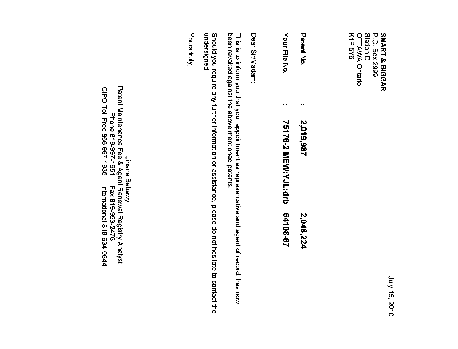 Canadian Patent Document 2019987. Correspondence 20100715. Image 1 of 1