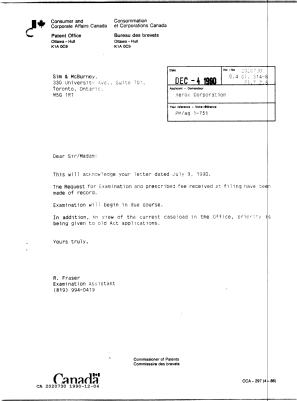 Document de brevet canadien 2020730. Lettre du bureau 19901204. Image 1 de 1