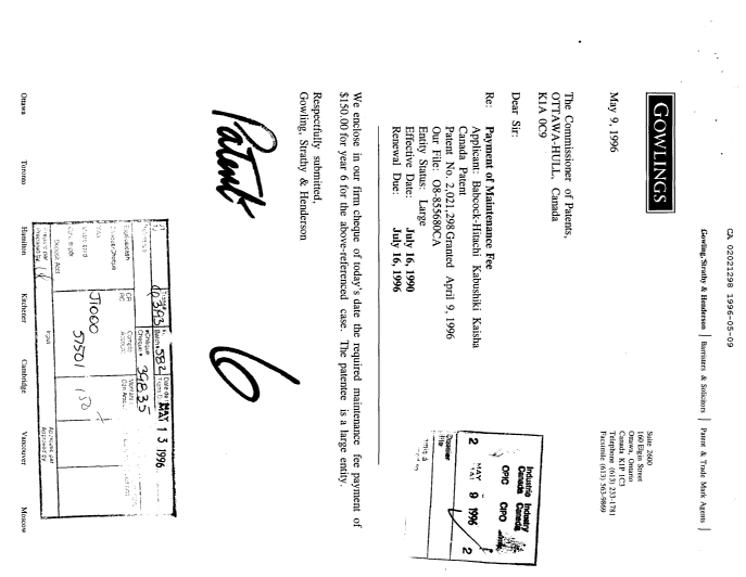 Document de brevet canadien 2021298. Taxes 19960509. Image 1 de 1