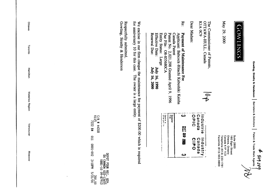 Document de brevet canadien 2021298. Taxes 20000529. Image 1 de 1