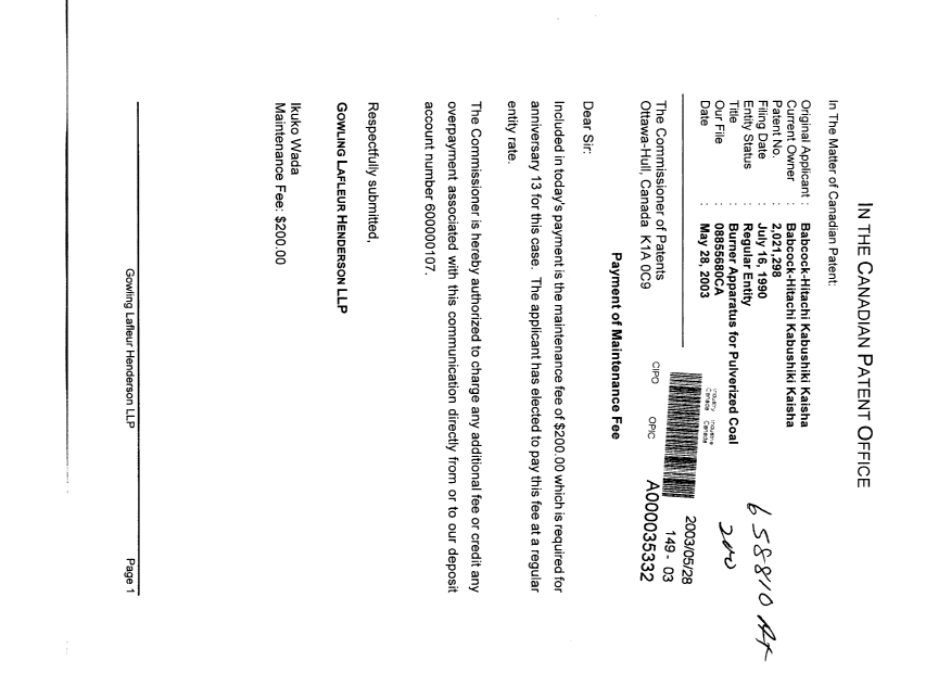 Document de brevet canadien 2021298. Taxes 20030528. Image 1 de 1