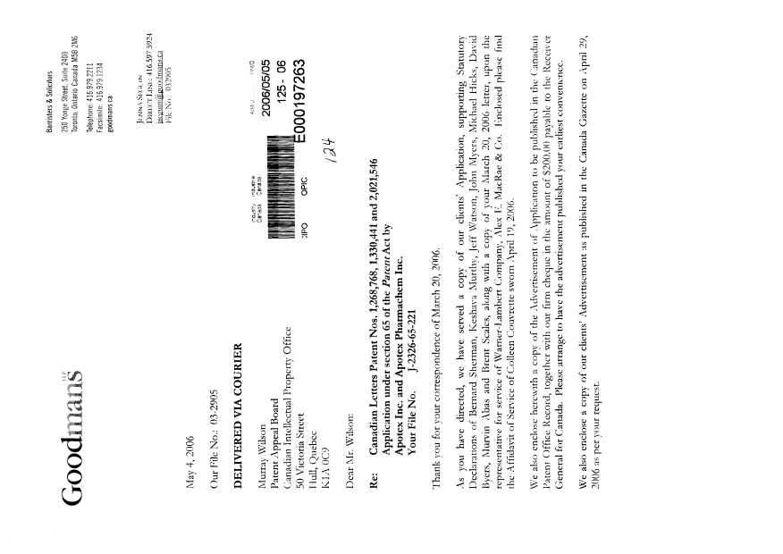 Canadian Patent Document 2021546. Correspondence 20051205. Image 1 of 14