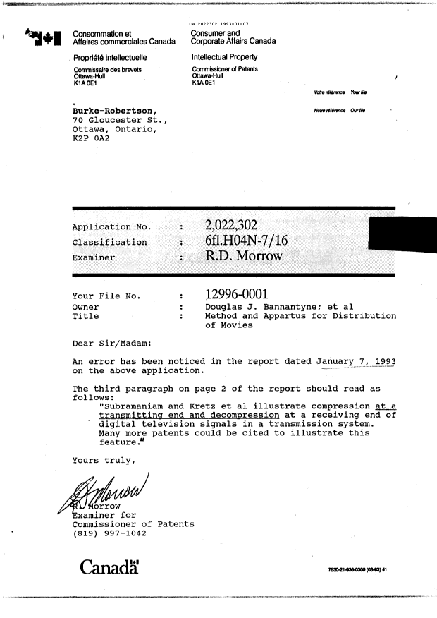 Canadian Patent Document 2022302. Office Letter 19930107. Image 1 of 1