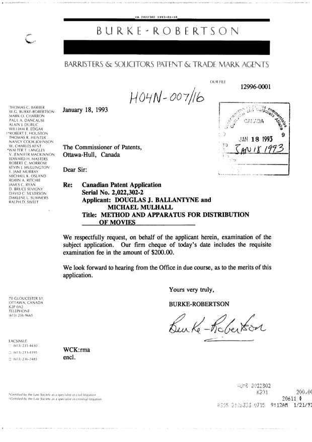Document de brevet canadien 2022302. Correspondance de la poursuite 19930118. Image 1 de 1