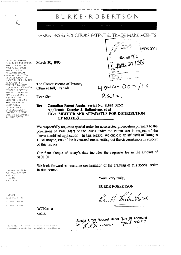 Document de brevet canadien 2022302. Correspondance de la poursuite 19930330. Image 1 de 4