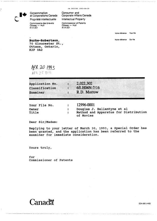Document de brevet canadien 2022302. Lettre du bureau 19930420. Image 1 de 2